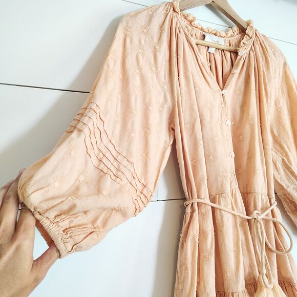 Cleobella Peach Tiered Mini Dress XS Bohemian Cottage Peasant Feminine Textured - Picture 3 of 9